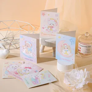 Detailed arrangement of various cute cartoon animal greeting cards in soft pastel tones