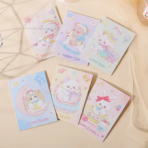 Detailed view showing six different cute cartoon animal greeting cards in pastel tones
