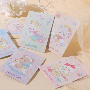 Assorted cute cartoon animal greeting cards with pastel colors and warm designs