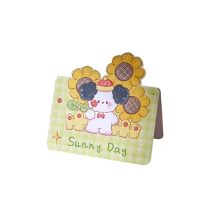 Schattige cartoon puppy wenskaart met zonnebloemen en Sunny Day tekst voor kids