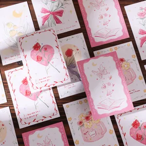 Variety of floral postcards with romantic hand-drawn illustrations and English quotes.