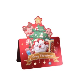 Biglietto di auguri di Natale retrò con stampa oro, Babbo Natale e renne