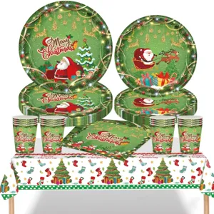 Weihnachtsfeier Einweggeschirr Set Grün Weihnachtsmann Rentier Muster Pappteller Servietten Tassen Tischdecke Feiertagsessen Dekor