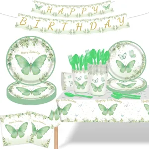 Vaisselle Jetable Papillon Vert Printemps Set Happy Birthday Assiettes en Papier Serviettes Gobelets Nappe Bannière Fête