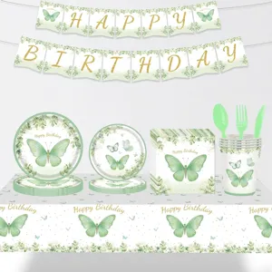 Kit complet vaisselle jetable anniversaire papillon vert avec bannière et assiettes