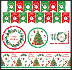Collage van kerstservies inclusief kerstman banners, borden en servetten.