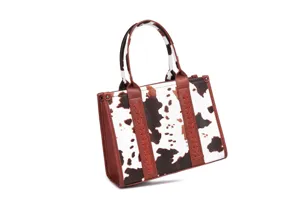 Bolso tote retro con estampado de vaca y correas trenzadas marrones elegantes.