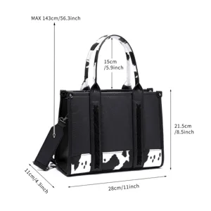 Diagrama de dimensiones detalladas del bolso de cuero sintético negro con estampado de vaca