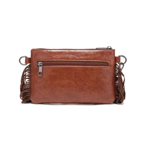 Vista posterior detallada de un bolso bandolera bohemio marrón vintage con flecos y cremallera