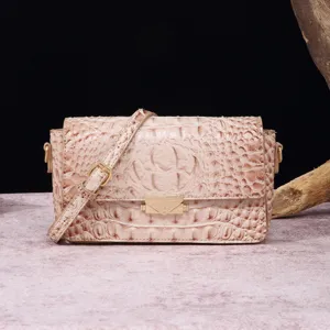 Vista detallada de bolso vintage con textura de cocodrilo y cierre metálico dorado