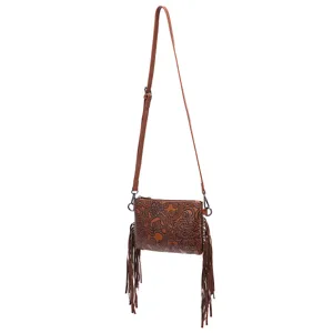 Bolso bandolera de cuero gofrado bohemio con motivos florales vintage y flecos.