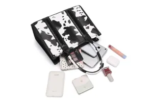 Bolso grande de estilo Western con estampado de vaca y artículos de uso diario organizados