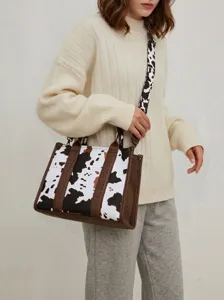 Bolso Tote de Cuero PU con Estampado de Vaca Retro Occidental Bohemio Mujer Bolso de Mano de Gran Capacidad Bolso de Hombro con Detalles Tejidos