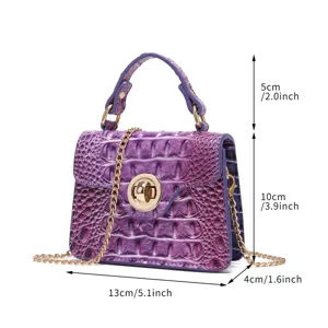 Detailed size guide for the purple crocodile texture mini crossbody bag with gold chain
