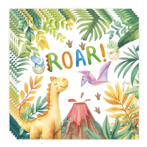 Illustration détaillée de dinosaure à l'aquarelle sur des serviettes de fête d'anniversaire.