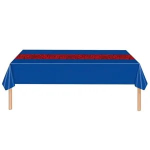 Blaue Halloween-Tischdecke mit rotem Spinnennetzmuster für Partys.