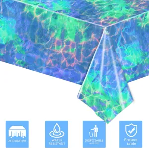 Detailed view of iridescent ocean wave pattern on a disposable plastic tablecloth