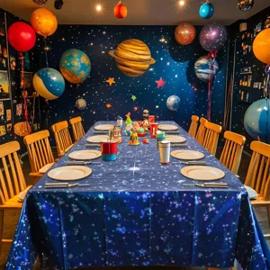Detailansicht der Einweg-PE-Tischdecke mit Galaxie-Sternenhimmel-Muster für Feiern
