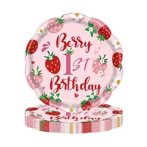 Detailed view of strawberry 1st birthday disposable paper plates with scalloped edge