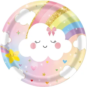 Detailed view of cloud rainbow themed disposable paper plate for kids birthday party