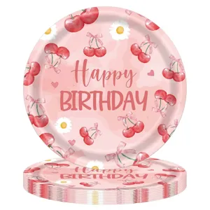 High-quality pink disposable paper plates with cherry and daisy birthday party theme