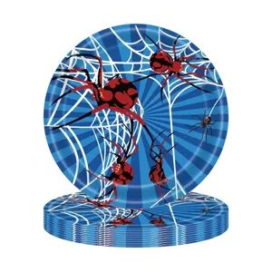 Einweg Halloween Spinnennetz Party Teller mit rotem Spinnen-Design auf blauem Grund