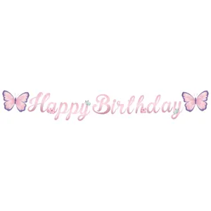 Détail de la bannière Happy Birthday avec papillons roses et violets pour fille