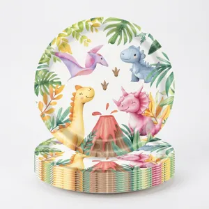 Assiettes en papier jetables dinosaure aquarelle pour décor d'anniversaire enfant