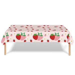 Premium pink strawberry pattern disposable tablecloth for kids birthday party decoration