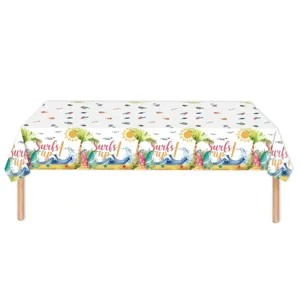 Vibrant summer surf theme party tablecloth with colorful beach sun and wave patterns
