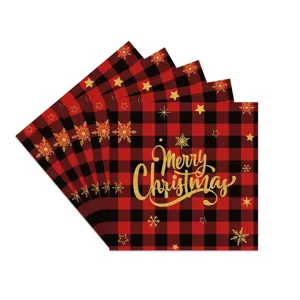 Serviettes de Noël à carreaux rouges et noirs avec lettrage Merry Christmas doré