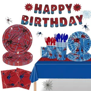 Spinnennetz Thema Party Geschirr Set Kunststoff Papier Halloween Geburtstag Dekoration Tischdecke Teller Tassen Servietten Besteck