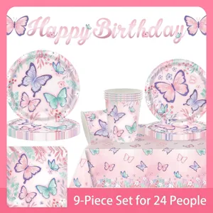 Ensemble d'Articles de Fête sur le Thème des Papillons Rose Violet Assiettes en Papier Jetables Tasses Serviettes Bannière Nappe pour Décorations de Fête d'Anniversaire de Fille