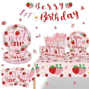 Berry First Birthday Party Supplies Pink Strawberry Disposable Tableware Set For Girls One Year Old Celebration Decor