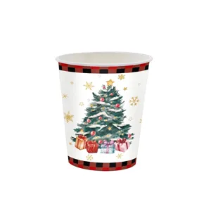 Gobelet jetable en papier à thème de Noël avec motifs de sapin et de cadeaux festifs