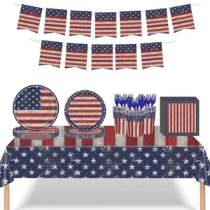 Vaisselle de Fête Rétro Drapeau Américain Jour de l'Indépendance Assiettes Gobelets Serviettes Nappe Pour Juillet