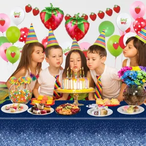 Mantel desechable de PE con purpurina azul para fiesta de cumpleaños fresa