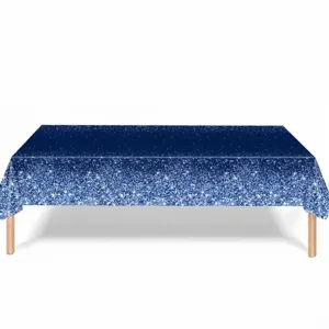 Vista detallada del mantel de PE desechable con purpurina degradada azul para fiestas