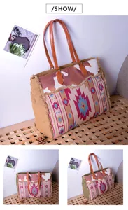 Large Bohemian canvas tote bag featuring ethnic woven patterns and cow print leather accents