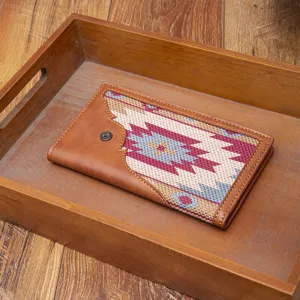 Vintage Bohemian pattern long wallet with textured canvas and faux leather detail