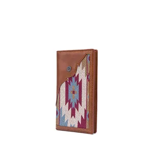 Bohemian vintage long wallet featuring brown faux leather and ethnic woven pattern