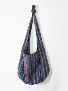 Bolso hobo retro de lona tejida estilo azteca con detalle de correa anudada y rayas