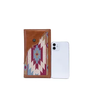 Bohemian retro tribal canvas long wallet compared with a smartphone for size reference