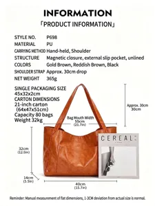 Especificaciones de producto detalladas para bolso tote grande de cuero sintético con medidas