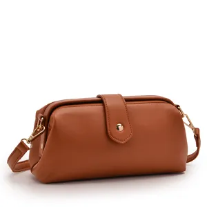 Bolso doctor retro de cuero PU marrón con cierre de marco y mini correa de bandolera.