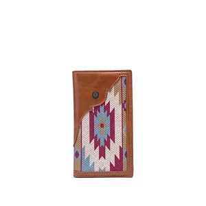 Detailed view of a vintage bohemian long wallet featuring colorful woven geometric patterns