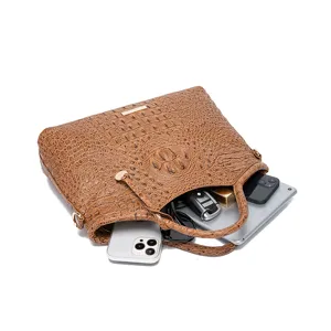 Vista de capacidad de bolso marrón con textura de cocodrilo y dispositivos