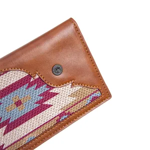 Close-up of bohemian ethnic woven fabric and brown leather stitching on tote bag