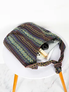Bolso de hombro retro de lona de algodón con patrón azteca y gran capacidad interior