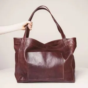 Bolso tote grande de mujer en cuero encerado vintage de alta calidad con bolsillo